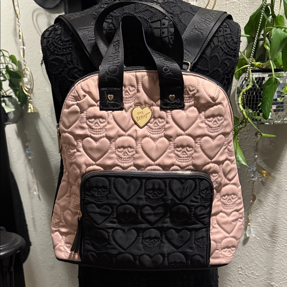 Betsey Johnson Pink and Black Skull Heart Backpack